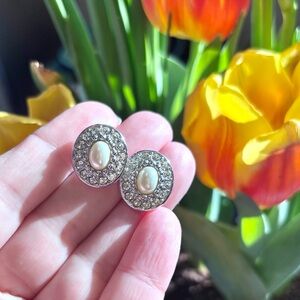 Christian Dior Silver Diamond and Pearl Stud Earrings